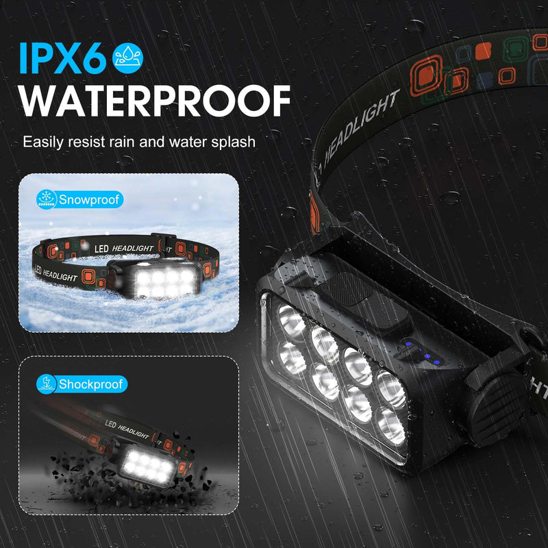 Rechargeable Headlamp Flashlight, 8 LED 2500LM Ultra-Light Bright Headlight with Motion Sensor, Waterproof Lightweight Head Lamp for Adult Kid, 2-Pack Headlamps for Outdoor Camping Running Fishing Orange - BeesActive Australia