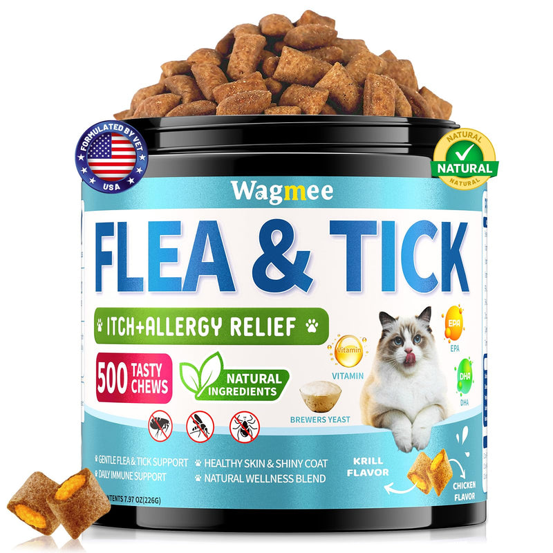 Natural Cat Flea Treatment Chewables – 500 Crunchy & Creamy Tasty Chews, Flea and Tick Prevention for Cats with Skin & Coat Support, Oral Flea & Tick Supplement & Allergy Relief for Cats, Chicken