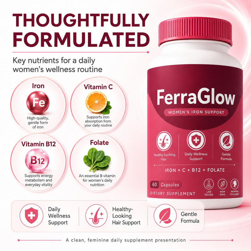 FerraGlow Iron Support Capsules for Women, 60 Count | Iron Bisglycinate, Lactoferrin, Vitamin C B12, Gentle Absorption Formula, Daily Wellness Hair Energy Support