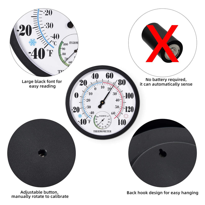 Indoor Outdoor Thermometer Large Numbers Wall Thermometer Hygrometer Waterproof Does not Require Battery 10 inch Wireless Hanging Hygrometer Garden Decoration (Black) Black 10" - BeesActive Australia