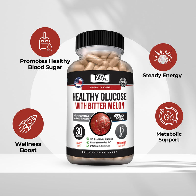 Kaya Naturals Healthy Gluco with Bittermelon Supplement | Support Healthy Levels and Function, 20 Herbs Vitamins and Minerals, Alpha Lipoic Acide, Cinnamon, Vitamin C & E, Non-GMO (30 Count)