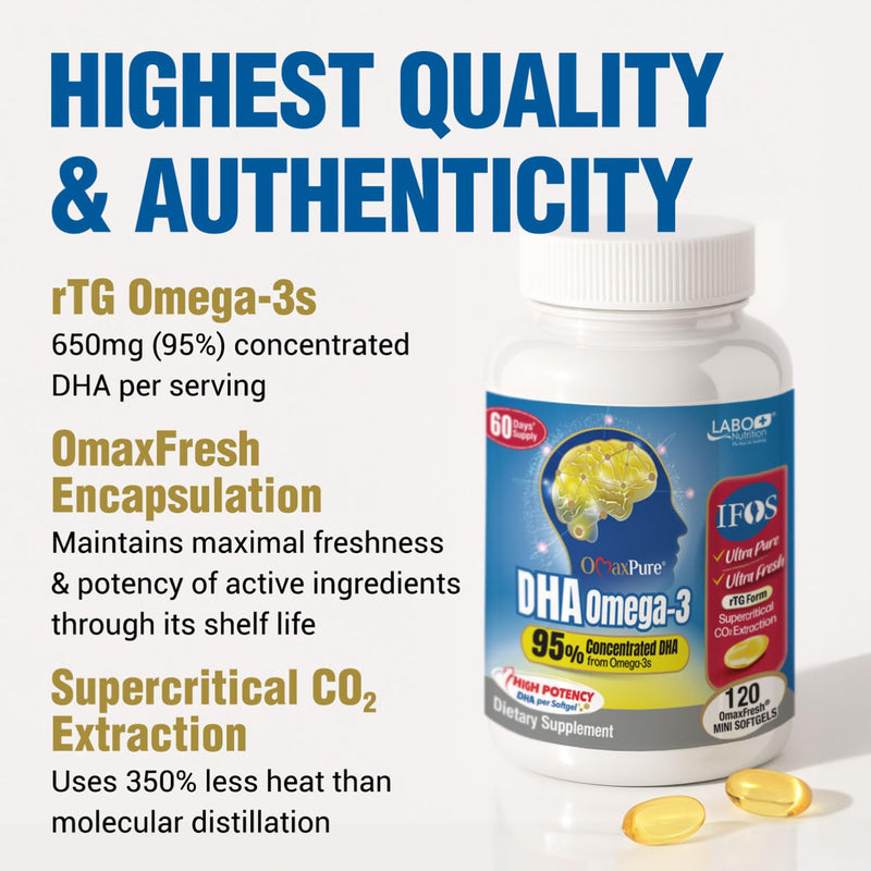 LABO Nutrition OmaxPure DHA Omega 3 rTG IFOS Fish Oil - Brain & Eye Support | 120 mini softgels, IFOS certified rTG omega 3, rich in DHA & EPA, prenatal brain & eye support, 120 60 days' supply