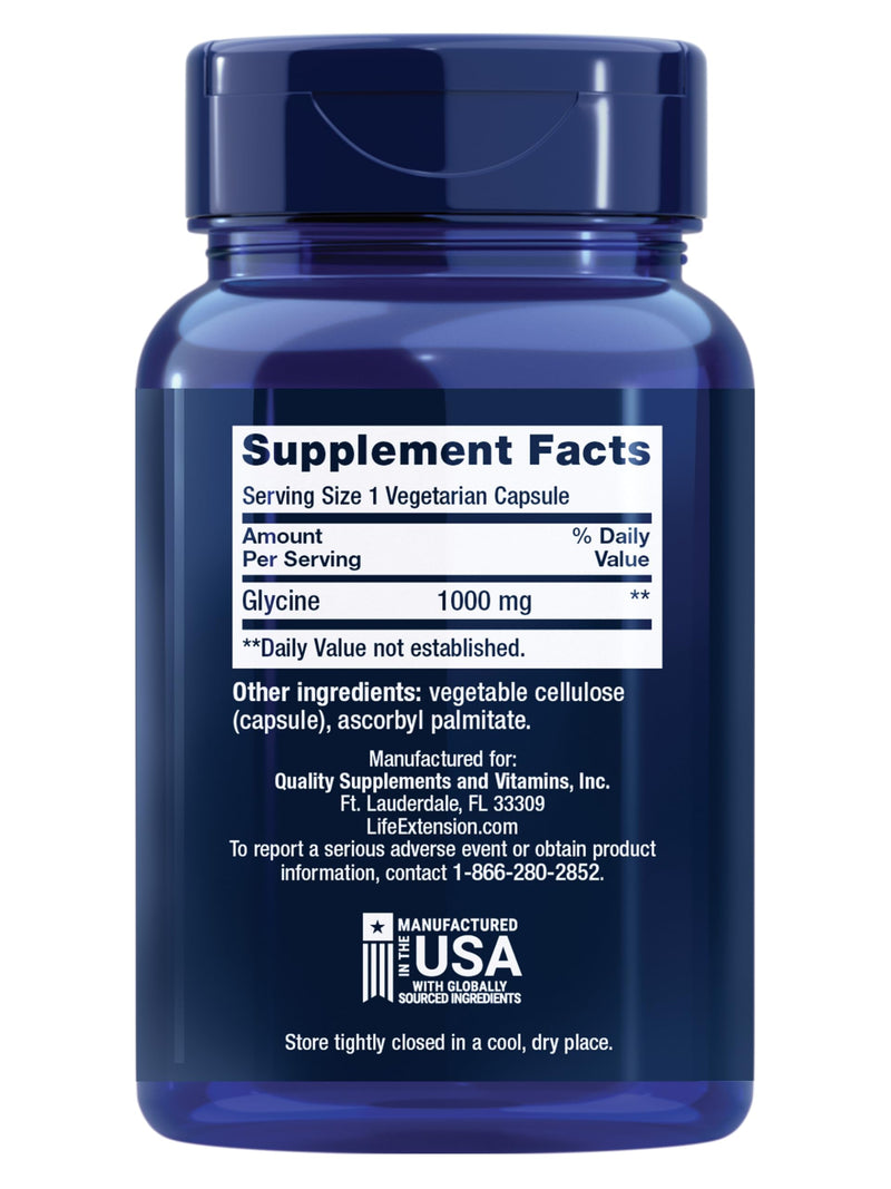 Life Extension Glycine, 1000 mg, Amino Acid that Promotes Healthy Sleep, Gluten-Free, Non-GMO, Vegetarian, 100 Capsules (Pack of 2) 100 Count (Pack of 2)