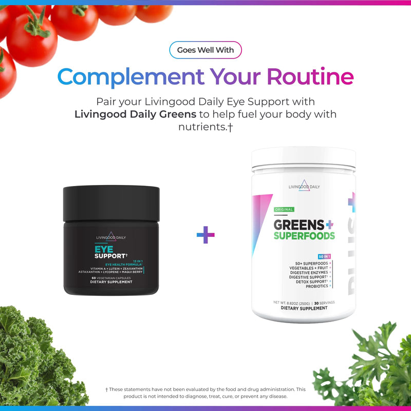 Livingood Daily Eye Support, Lutein and Zeaxanthin Supplements, 60 Capsules | 13-in-1 Formula for Vision Health, Lutein, Zeaxanthin, Astaxanthin, Lycopene, Vitamin A, Maqui Berry, Vegan, Made in USA