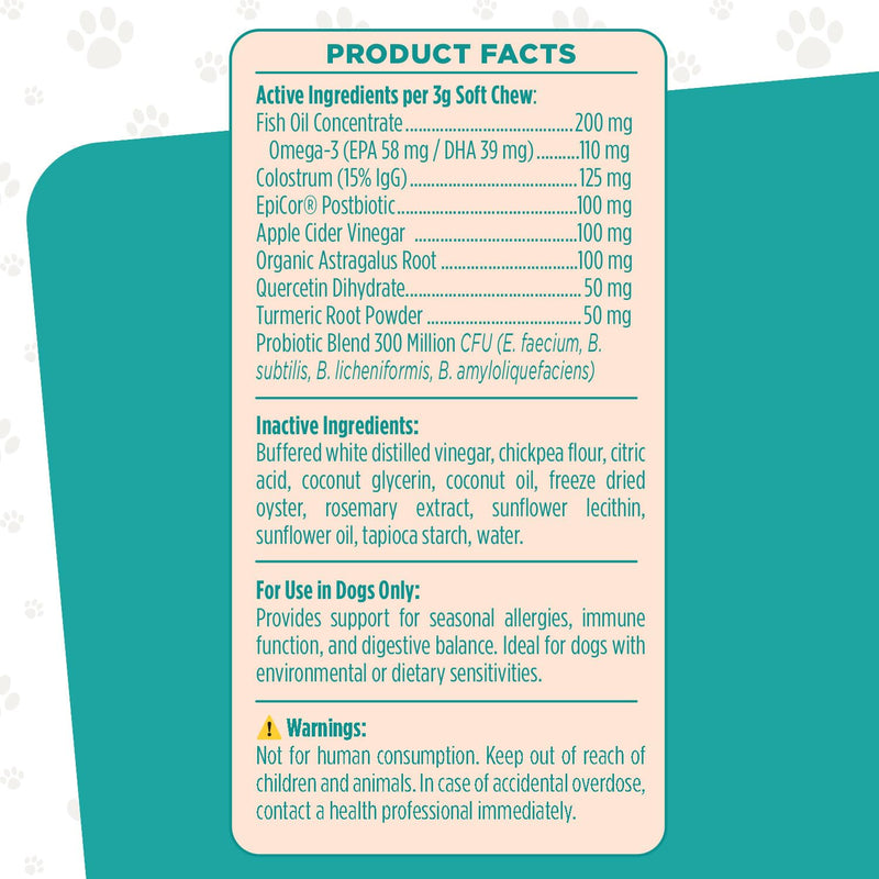 Seasonal Allergy + Immune Support Dog Chews, 90 Count Oyster, for Itchy Skin and Ears, Pet Vitamins and Supplements, Dog Allergy Relief with Probiotics