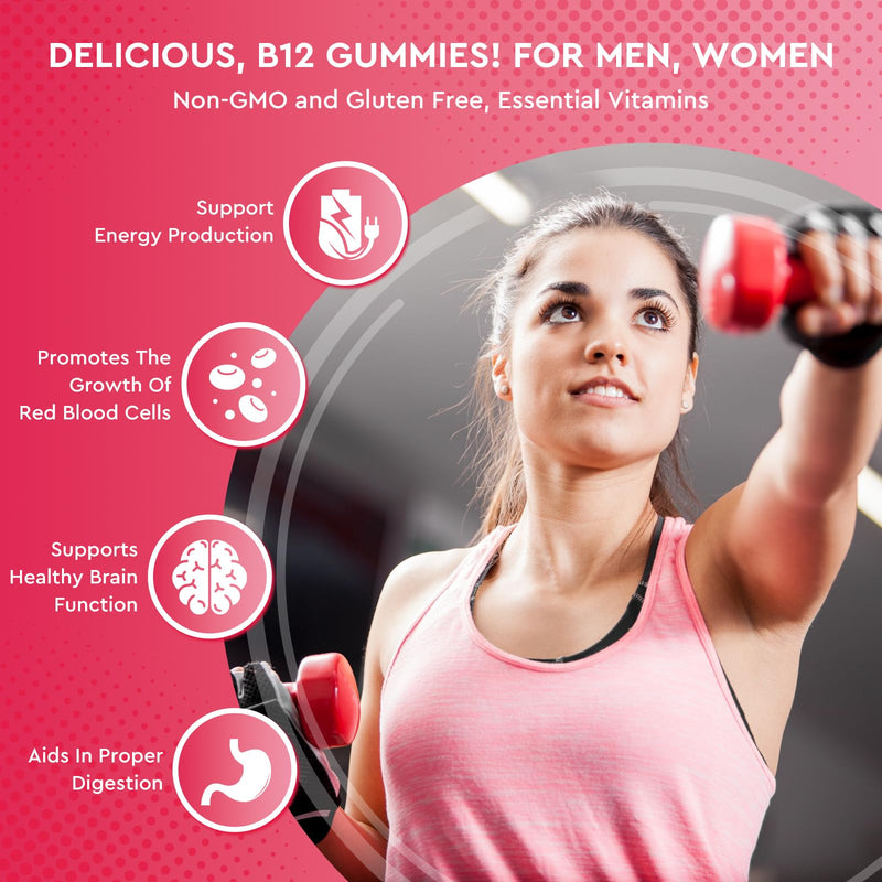 Vitamin B12 Gummies - 5000 mcg Methylcobalamin with Iron, Vitamin C, D3 & Folate, Energy Support and Metabolism, Immune, B-12 Complex Chewable Supplement for Men & Women, 120 Count, 2 Pack Cherry 60 Count (Pack of 2)