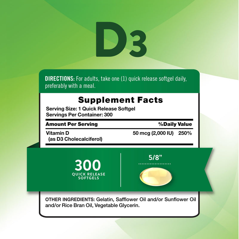 Nature's Truth Vitamin D3 2000 IU | 300 Softgels | High Potency Formula | Non-GMO & Gluten Free Supplement 300 Count (Pack of 1)