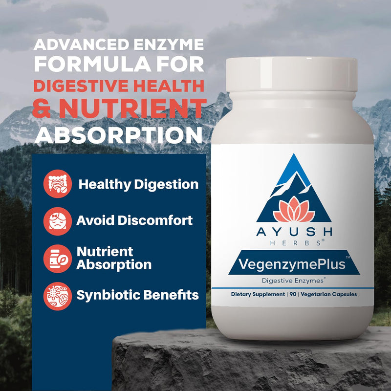 Ayush Herbs VegenzymePlus, Digestive Enzymes for Women & Men, 60 Servings | Enzymes for Digestion with Bromelain, Lipase, Lactase, Protease, 100% Vegetarian Gut Health Supplement