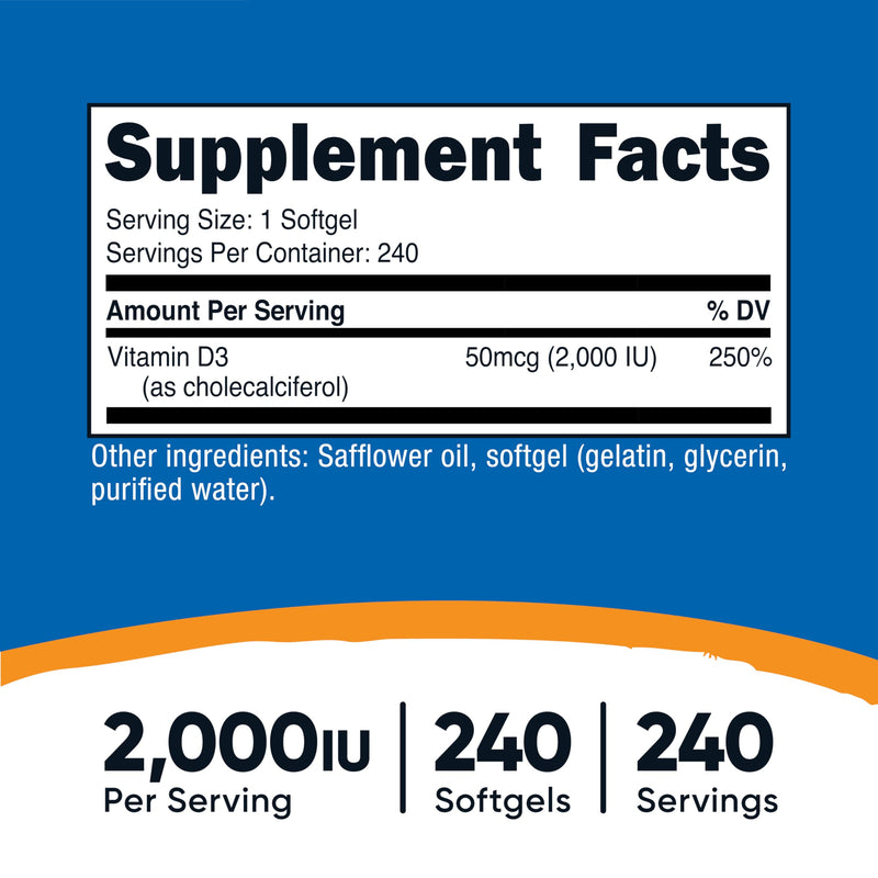 Nutricost Vitamin D3 2000 iu Softgels, 240 Softgels, Gluten Free | GMO-Free 240 Count (Pack of 1)