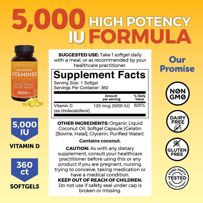Viva Naturals D3 Vitamin 5000 IU Softgels (125 mcg), 360 Softgels - High Potency Vitamin D Supplements for Healthy Immune Function, Bones & Muscles - Made with Organic Liquid Coconut Oil - BeesActive Australia