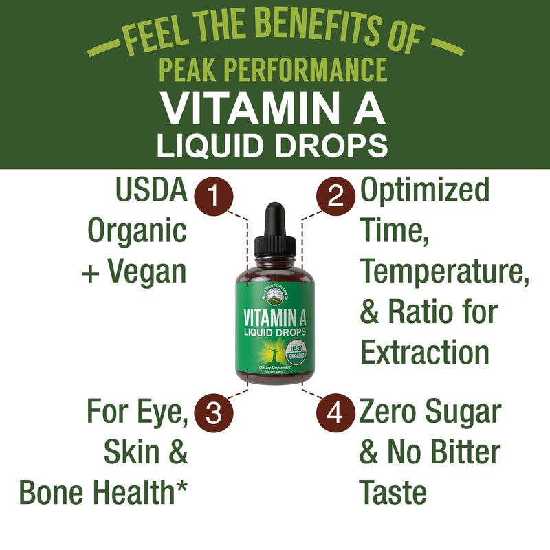 USDA Organic Vitamin A Liquid Drops Supplement. Vegan High Bioavailability For Eye, Skin, and Bone Health. For Adults, Men, Women, Kids. Organic Vit A Oil Retinyl Palmitate. Gluten Free, Zero Sugar - BeesActive Australia