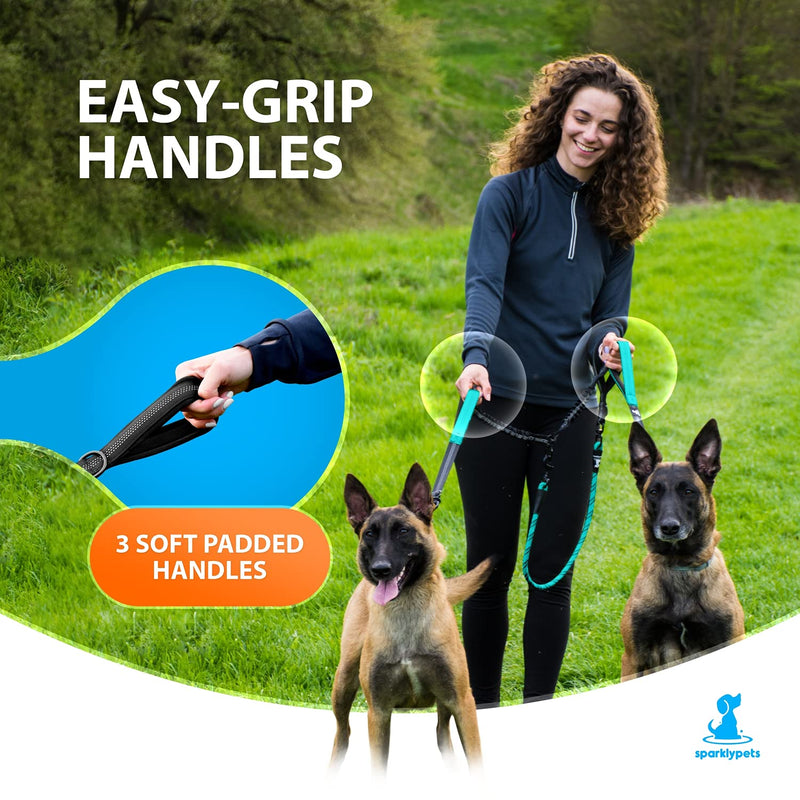 SparklyPets Double Dog Leash for 2 Dogs – Rope Bungee Dual Leash for Medium and Large Dogs with Padded Handles & Tangle Free (Teal, Medium/Large) Teal - BeesActive Australia