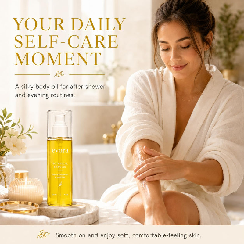 TRICK Evora Botanical Body Oil for Crepey Skin & Aging Skin, Firming Body Oil with Wakame Algae, Brazil Nut Oil & Vitamin E, Fast Absorbing Moisturizing Body Oil for Dry Skin, Non-Greasy, 4 Fl Oz