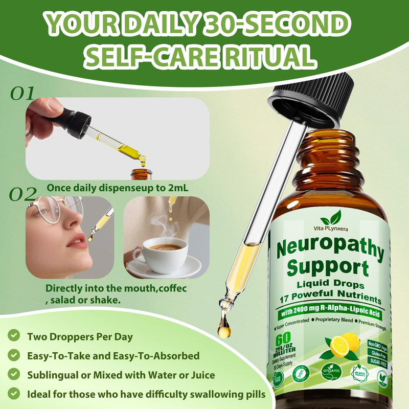 Vita PLynxera Neuropathy Supplements Liquid Drops, Advance 17-in-1 Stabilized R-Alpha Lipoic Acid (R-ALA) w. Acetyl L-Carnitine Vitamin B-Complex Magnesium, High Potency R-Lipoic Acid for Nerve