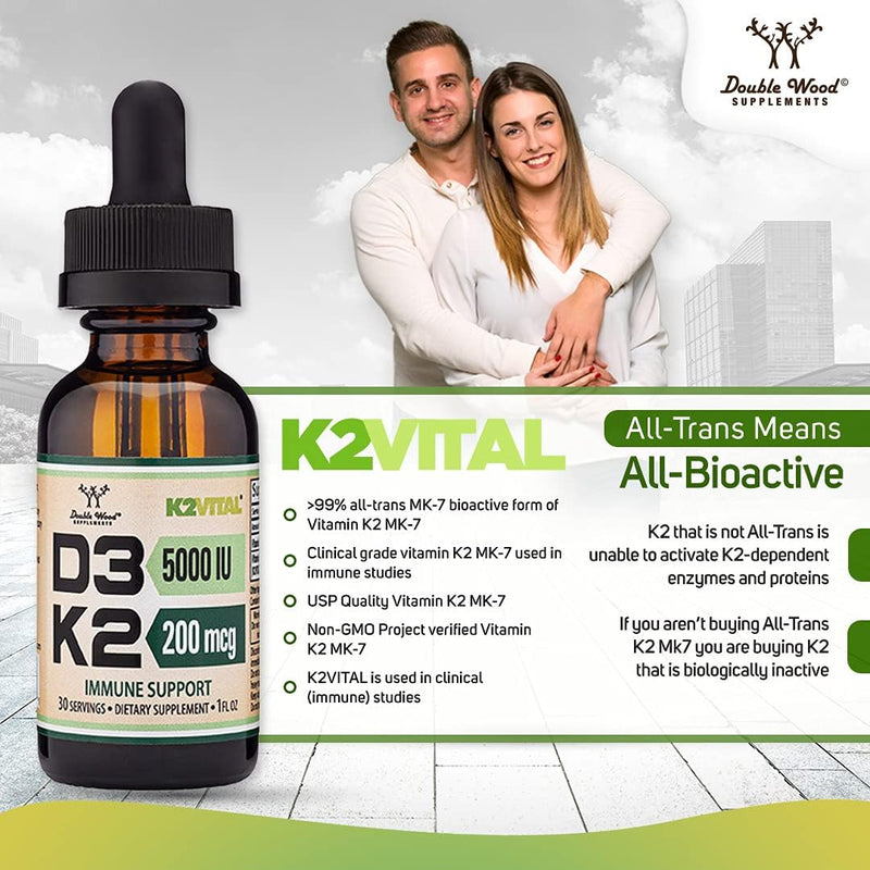 Vitamin D3 K2 5,000 IU Liquid Drops (5,000 IU of D3 and 200mcg of 99.9% All-Trans Patented K2 MK-7 (K2Vital)) Max Absorption Liquid Vitamin D Drops (30 Servings) by Double Wood (Pack of 2) 1 Fl Oz (Pack of 2)