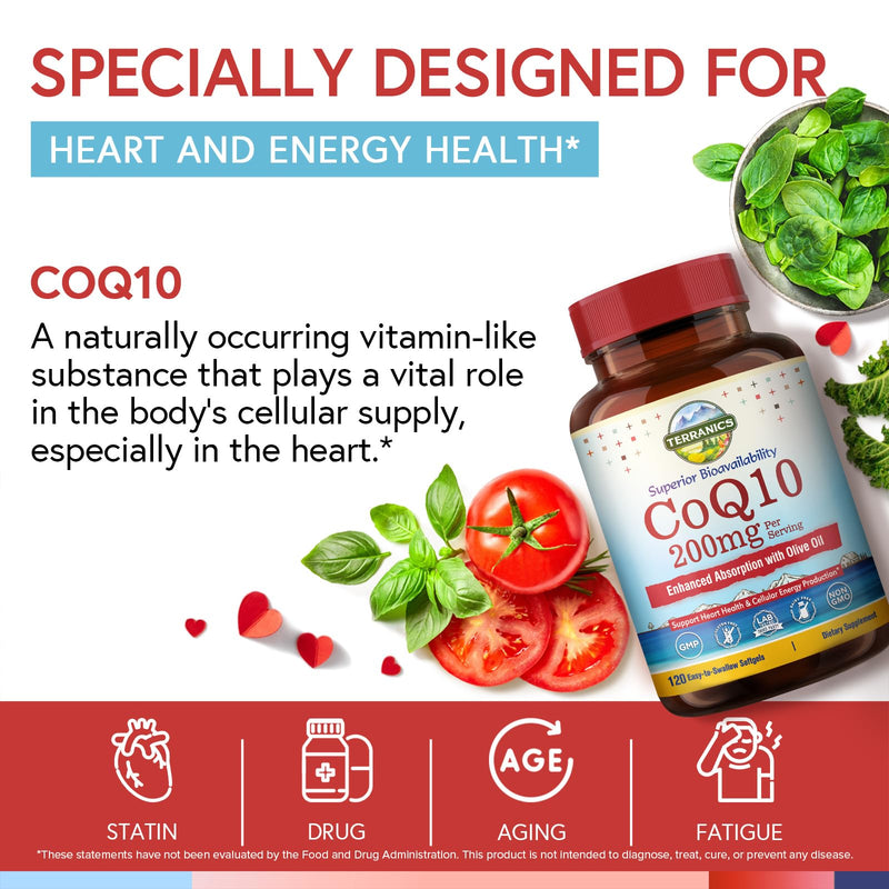 Terranics CoQ10 200mg, Coenzyme Q10 Supplement with Extra Virgin Olive Oil for Enhanced Absorption, Made in USA, Supports Heart Health, Antioxidant Protection, Energy Production, Non-GMO, 240 Softgels 240 Count (Pack of 1)