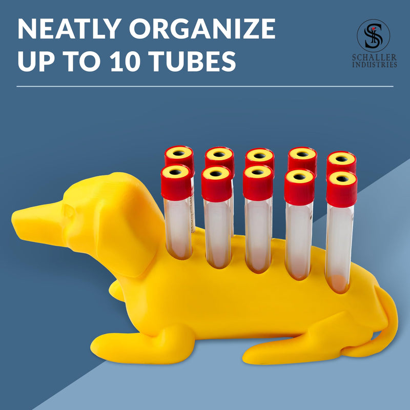 Schaller Industries Dachshund Test Tube Rack – for 13mm Lab Vertical Storage Tubes, Holds 10 Glass & Plastic Test Tube Holder Rack, Vial Holder, Phlebotomy Supplies and Equipment– Bright Yellow 13mm Tubes