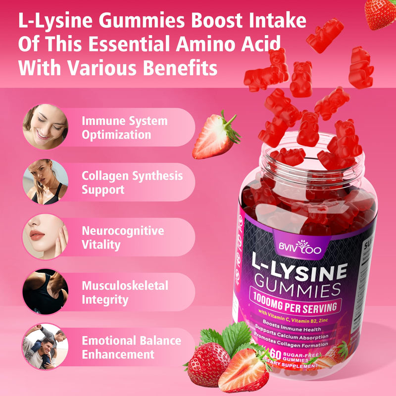 2 Pack L-Lysine 1000mg Gummies for Immune Support & Skin Health - High Potency Vegan Gummies, Sugar-Free, Natural Berry Flavor, Gluten-Free Chewable Supplement for Adults & Kids - 120 Gummiess 2pack