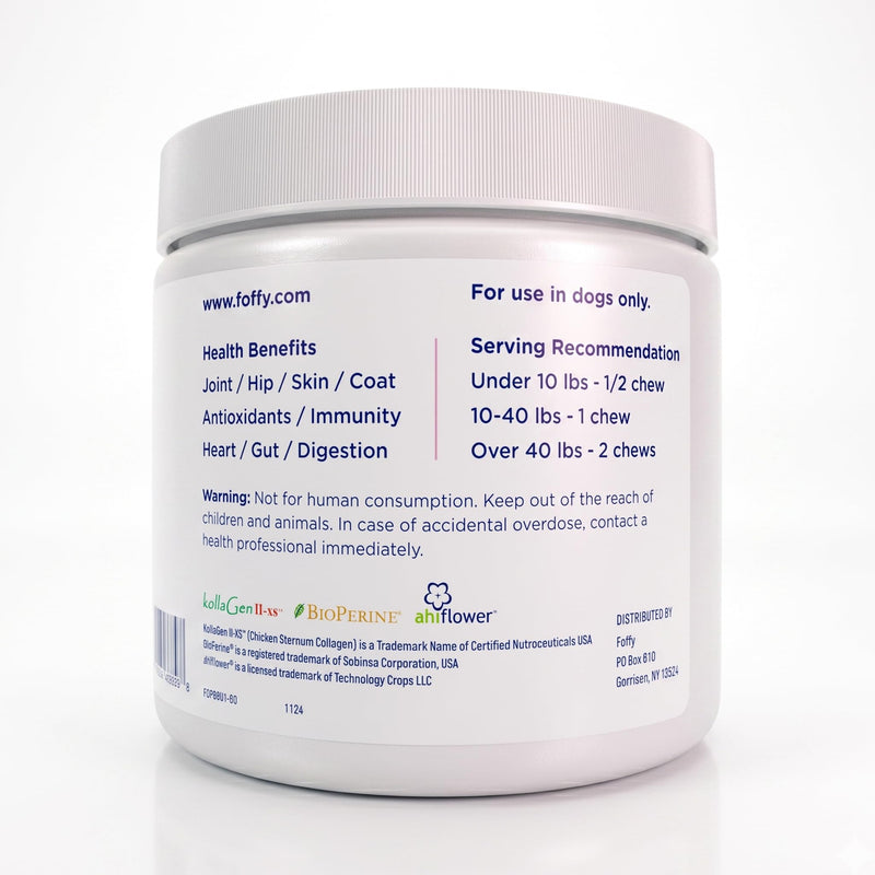 Foffy Daily Hip & Joint Multivitamin Soft Chew for Dogs with Superfoods, Probiotics, Plant-Based Omegas, kollaGen II-xs - Calms Skin, Reduces Inflammation, Improves Mobility & Promotes Longevity