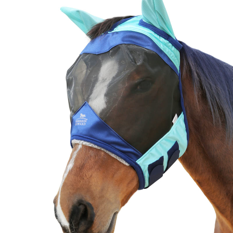 Harrison Howard Luxe Dual-Tone Horse Fly Mask Half Face with Ears Fully Visible UV-Blocking Fine Mesh Soft Fleece Edging for Extra Comfort Summer Mint/Navy M Cob Cob (Medium) - BeesActive Australia
