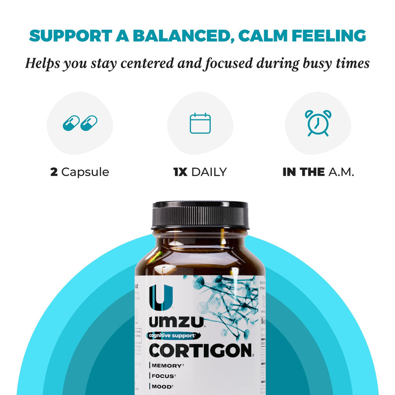 UMZU Cortigon Cortisol Support Supplement, 30 Day Supply | Ginkgo Biloba, Phosphatidylserine, Vitamins B6 and B12, Healthy Stress Response, Mood, Focus and Cognitive Support
