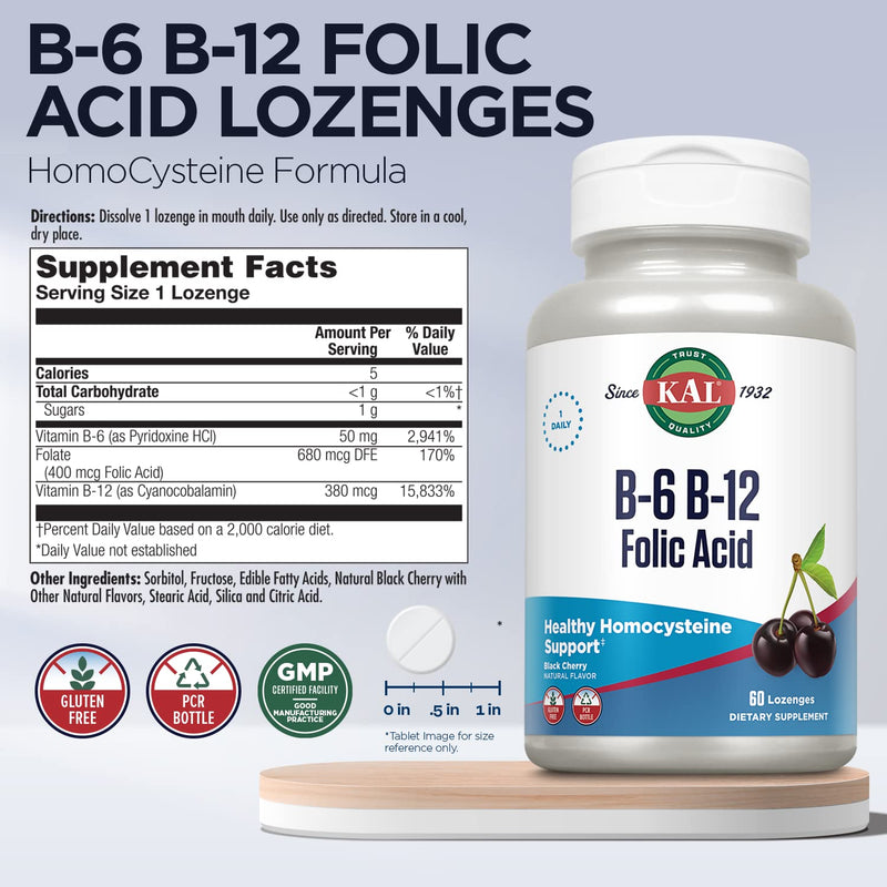 KAL Vitamin B-6 B-12 Folic Acid Supplement, B Vitamins for Healthy Energy, Heart & Red Blood Cell Support, w/Vitamin B12 Methylcobalamin and Folate, Natural Cherry, Gluten Free, 60 Serv, 60 Lozenges