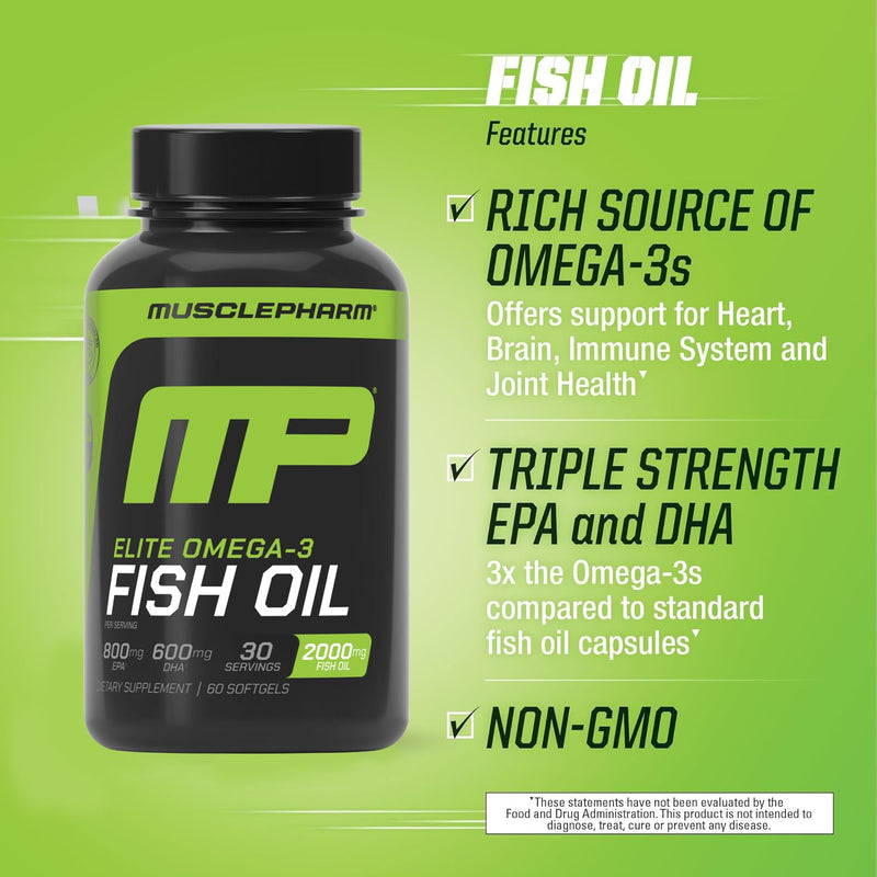 Muscle Pharm Essentials Fish Oil Omega 3-60 Liquid Softgels - 30 Servings | 2000mg Omega 3 Fish Oil, Cardiovascular Support, Immune Health, Joint Wellness, Athletic Recovery 60 Count (Pack of 1)
