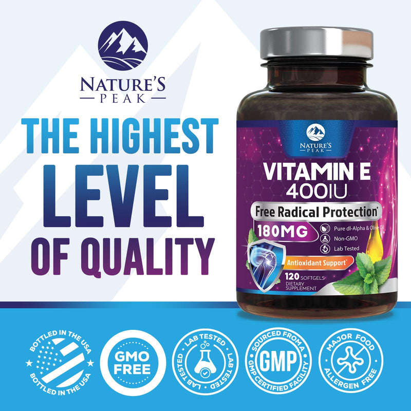 Vitamin E 180 mg Per Serving Softgels - E Vitamin DL-Alpha, Antioxidant-Rich Dietary Supplement for Skin, Heart, and Immune Support, Bottled USA, Easily Absorbed, Non-GMO & Gluten Free - 120 Softgels 120 Count (Pack of 1)