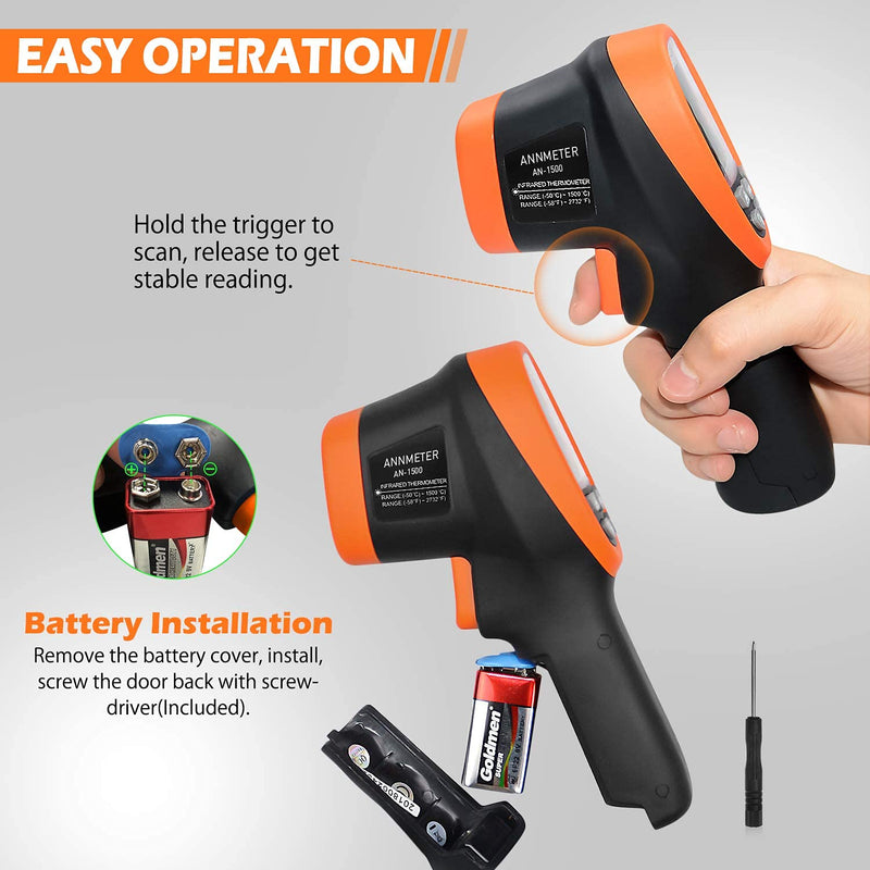 High Temperature Infrared Thermometer, AIOMEST Digital IR Pyrometer 30:1 Measure Temp -58~2732℉, Dual Laser Industrial Termómetro Handheld AI-1500 for HVAC Kilning Casting Pottery Forge Orange