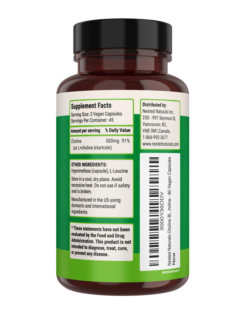 Nested Naturals Choline Bitartrate 500mg - High Potency Choline Supplements - Supports Cognitive Performance & Liver Function - 100% Vegan & Non-GMO Choline - 90 Vegan Capsules 90 Count (Pack of 1) - BeesActive Australia