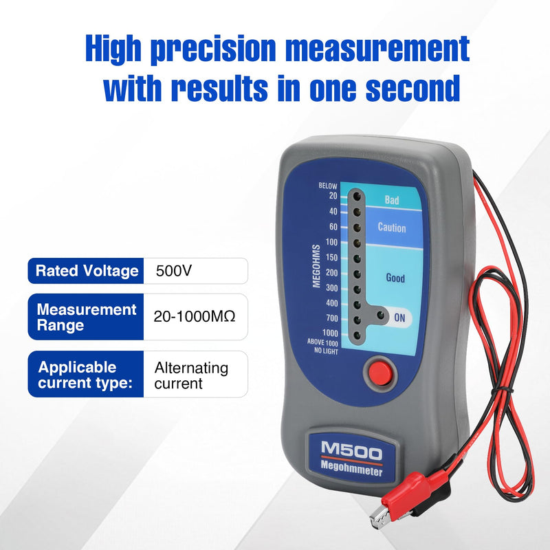 M500 Megohmmeter for Insulation Testing,Compatible with Compressor Tester HVAC, Multimeter Tester, Battery Operated, 20-1000 Megohms at 500 Volts,with Soft Carrying Case