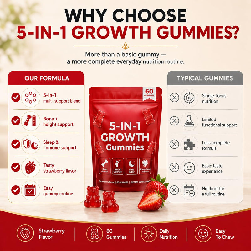 5-in-1 Growth Gummies, Supports Natural Height & Bone Development with Essential Amino Acids & D3, K2, Delicious Strawberry Flavor, 60-Count