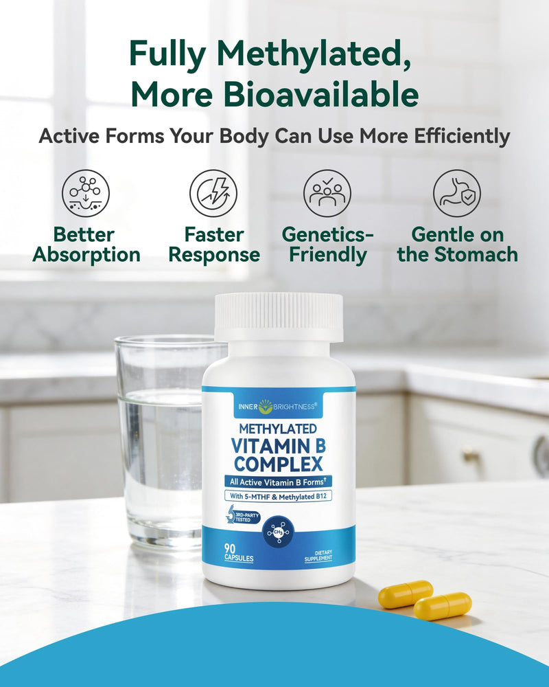 Inner Brightness Vitamin B Complex - Fully Methylated Active B12, B6, Folate - for Energy, Focus, Mood & Nerve Health - Non-GMO Vegan Gluten-Free with B1, B2, B3, B7-90 Capsules for 3 Months 90 Count (Pack of 1)