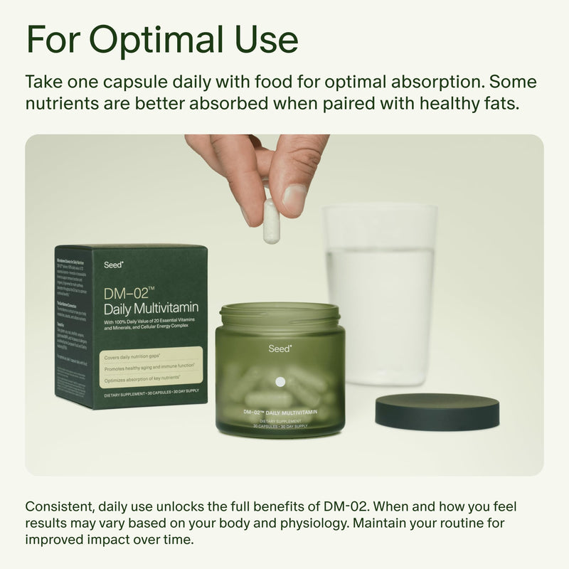 Seed DM-02 Daily Multivitamin - for Adults - 30-Day Supply with Jar | 100% DV Nutrition - 20 Essential Vitamins & Minerals - Immune, Bone, Hair, Skin & Nail Health - Vegan Capsules