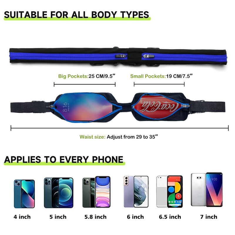 Santic Fanny Packs Running Waist Pack Belt Bag with 2 Zipper Pockets for Jogging Hiking Cycling Workout Black Blue