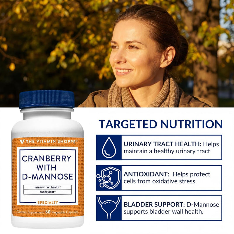 The Vitamin Shoppe Cranberry with D-Mannose - Urinary Tract & Bladder | with Vitamin C CranRich | 60 Veggie Caps | Women's Health