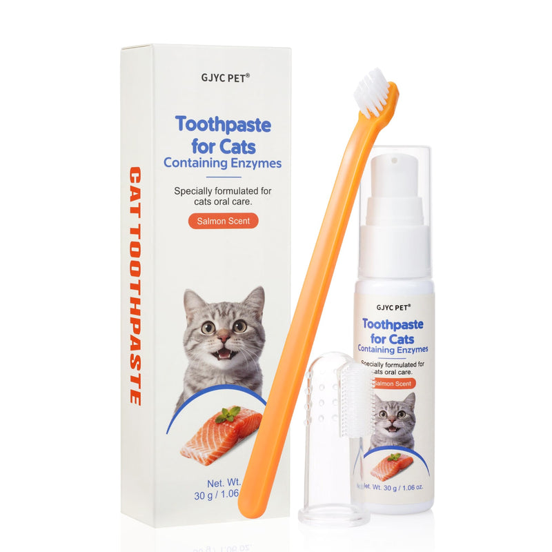 Cat Toothbrush and Toothpaste Kit - Salmon Flavor Enzymatic Cat Toothpaste for Plaque & Tartar Control - Includes a Long Handle Brush & a Soft Silicone Finger Brush for Felines, 1.06 oz