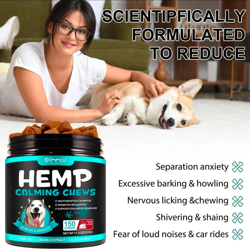 Szymoney Improved Hemp Calming Chews for Dogs, 150 Count, Stress and Anxiety Relief, with Chamomile and Valerian Root, 330g (Duck)