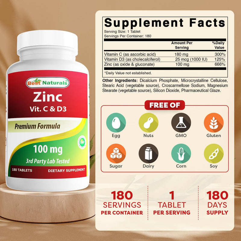 Best Naturals Zinc 100 mg with Vitamin C & D3 180 Tablets Gluten Free and Non-GMO
