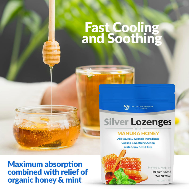 Silver Lozenges with Organic Manuka Honey and Vitamin C - All-Natural Nano Silver 45-50mcg of 60 PPM Colloidal Mineral Drops to Support Immune System, Soothe, Cool Cough & Throat, 96-Lozenges 24 Count (Pack of 4)