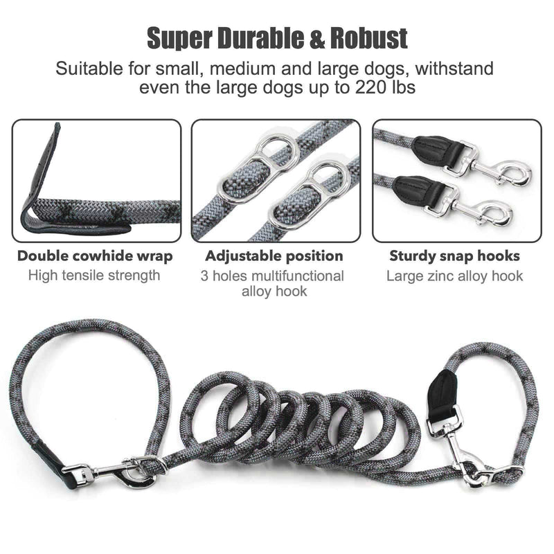 Hands Free Dog Leash(8.5ft), 8 in 1 Multifunction Nylon Double Leash for Dogs,1.2cm Adjustable Waist with Reflective Stitching for Training -Grey Grey - BeesActive Australia