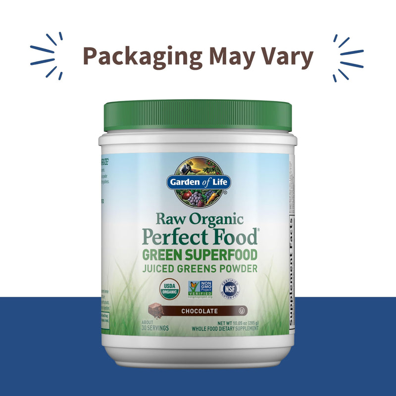 Garden of Life Raw Organic Perfect Food Green Superfood Juiced Greens Powder - Chocolate, 30 Servings - Non-GMO, Gluten Free, Vegan Whole Food Dietary Supplement, Plus Probiotics & Enzymes | Juiced Cereal Grasses, Plant Based Green Supplements for Immu...