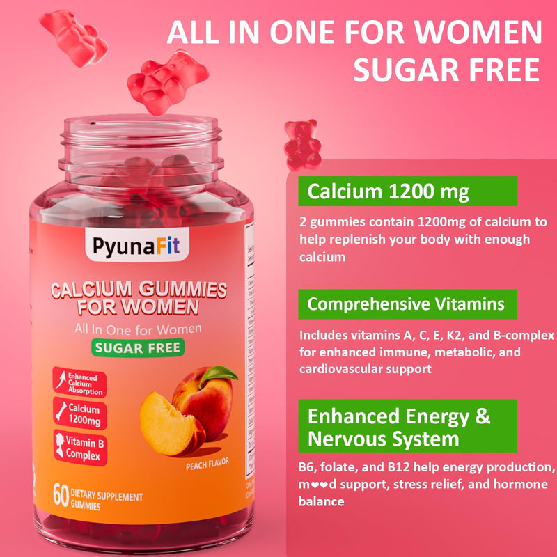 Calcium Gummies for Women 1200 mg, 60 Count | Calcium Chewables with Vitamin D3 Magnesium Zinc, Vegan, Sugar Free, Gluten Free