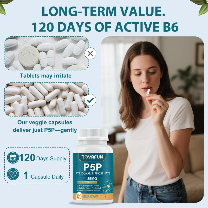 P5P Vitamin B6 25mg Supplement, Pyridoxal-5-Phosphate, 120 Capsules | Active Vitamin B6 Coenzyme Formula Supports Nervous System, Neurotransmitter Balance, Cellular Energy & Daily Wellness
