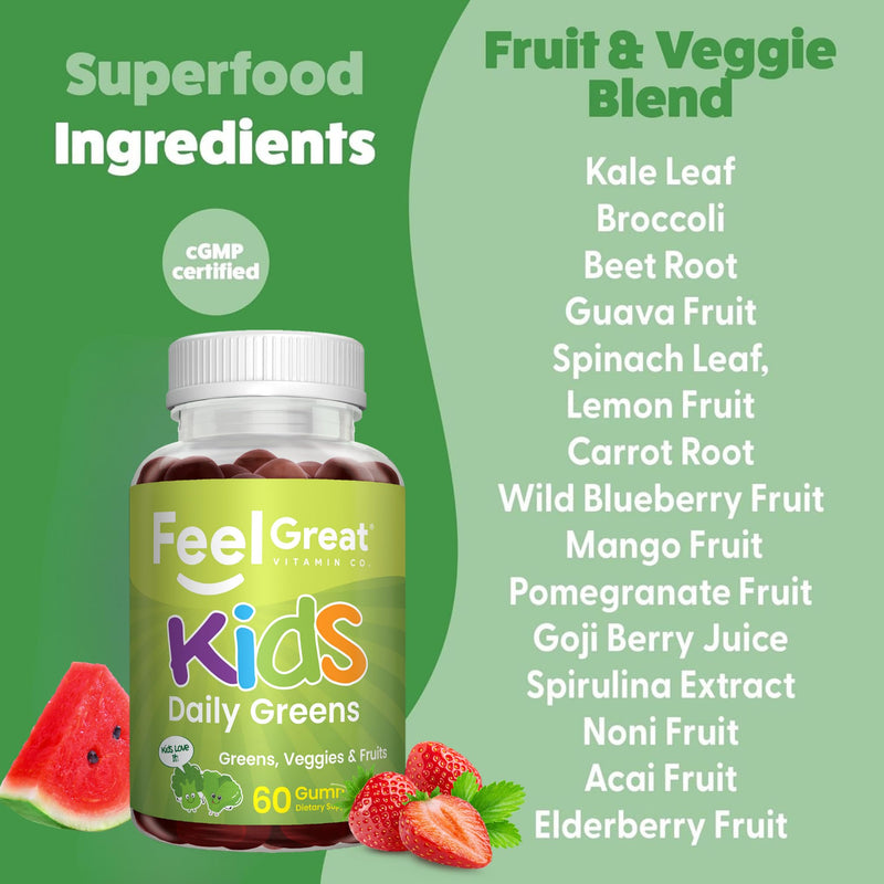 Feel Great Super Green Gummies for Kids | Fruit and Vegetable Gummies | Vegan Veggie Gummy Multivitamin for Kids | Veggie Fiber Supplement | 60 Count | Kale, Broccoli & Veggie Blend, Natural Fiber, Watermelon Flavor, Immune Support Gummy for Kids