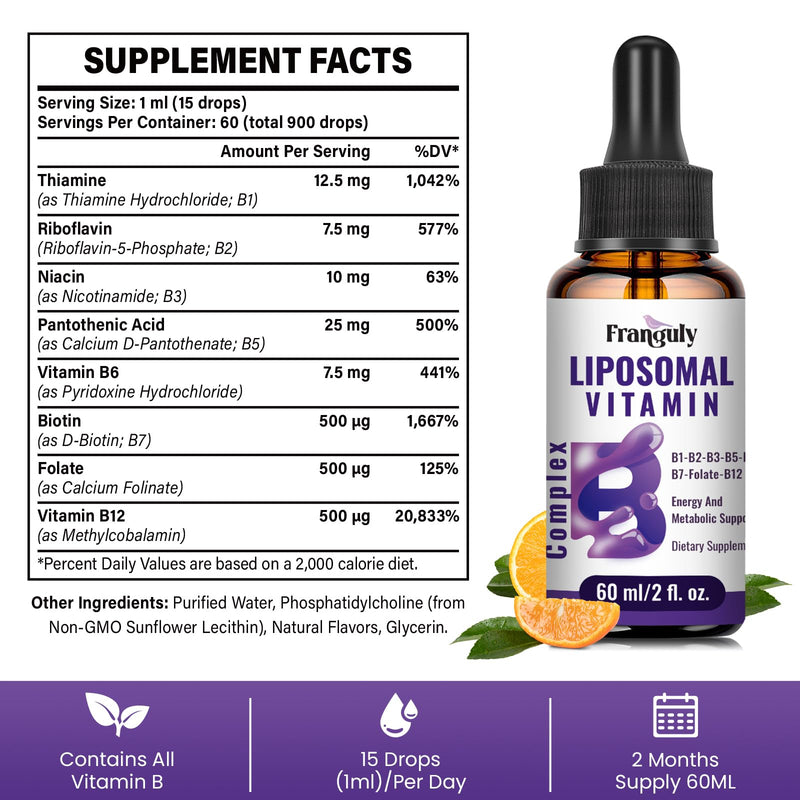 Liposomal Vitamin B Complex Liquid Sublingual B Complex Vitamins Supplement for Women Men Improved Absorption Methylated B12,B1, B2, B3, B5, B6,Folate,Biotin for Energy And Immune Support-4.0 oz 2 Fl Oz (Pack of 2)