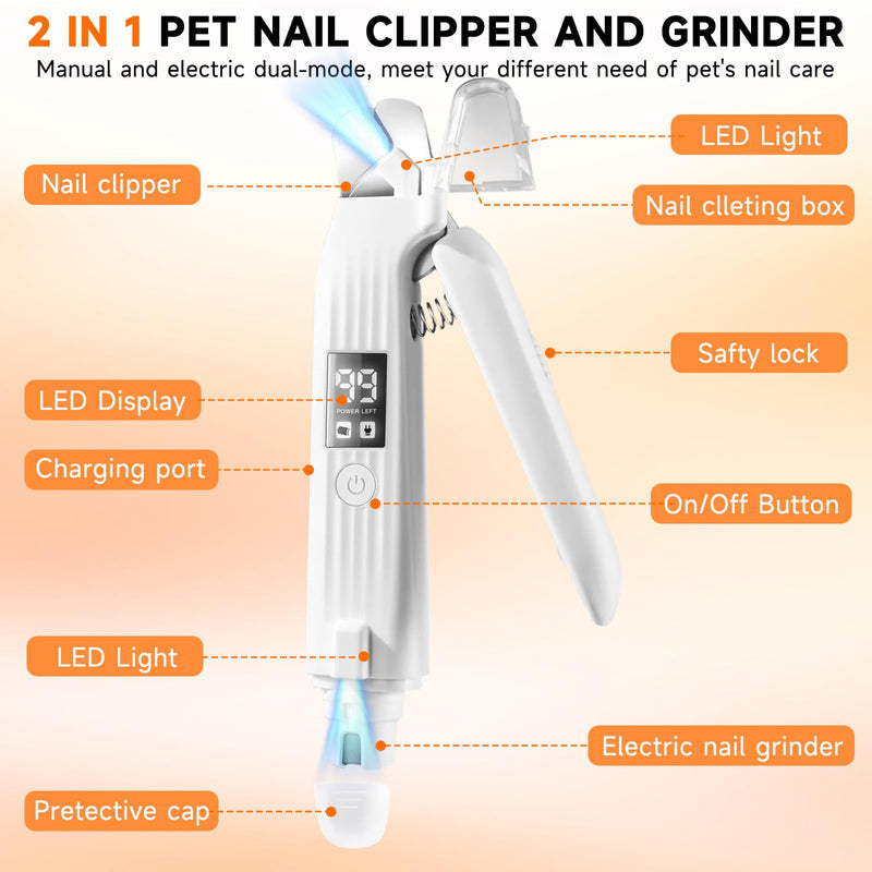 2 in 1 Dog Nail Clippers Electric Grinder Dogs Cats Trimmers Claw Nail Care Tool Cordless Rechargeable Pets Nail Trimmer with LED Lights Low Noise Pet Electric Grinder Storage Bag Include - BeesActive Australia