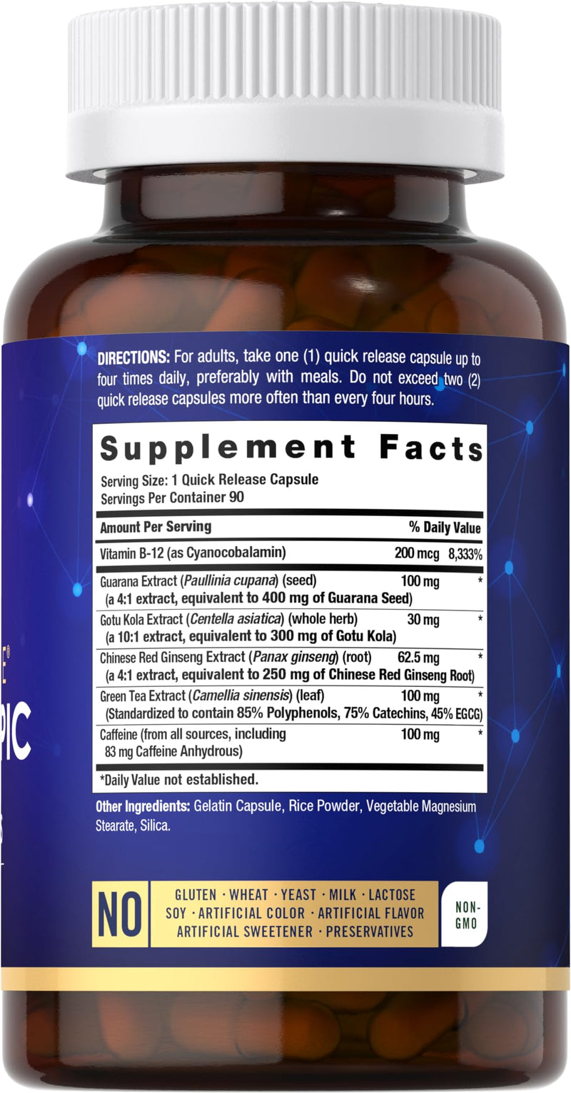 Carlyle Brain Nootropic Supplement | 90 Capsules | with Caffeine, B12, and Guarana Extract | Non-GMO & Gluten Free