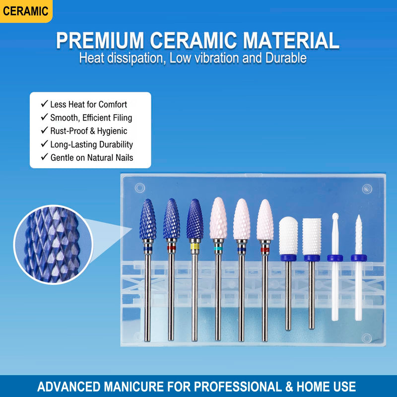Feecy Nail Drill Bits Set Ceramic for Acrylic Nails Gel Polish Professional, 3/32 Inch Efile Nail Drill Bits Kit for Cuticle Safety Barrel Nail Art Tools with Holder, 10pcs (S10-B) S10-B - BeesActive Australia