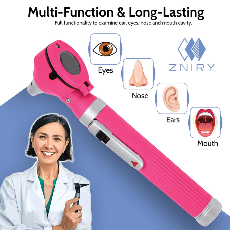 Pocket LED Otoscope for ENT Examination – Bright Light Diagnostic Tool for Students & Home Use, Pink, 10 Specula + Extra Bulb - BeesActive Australia
